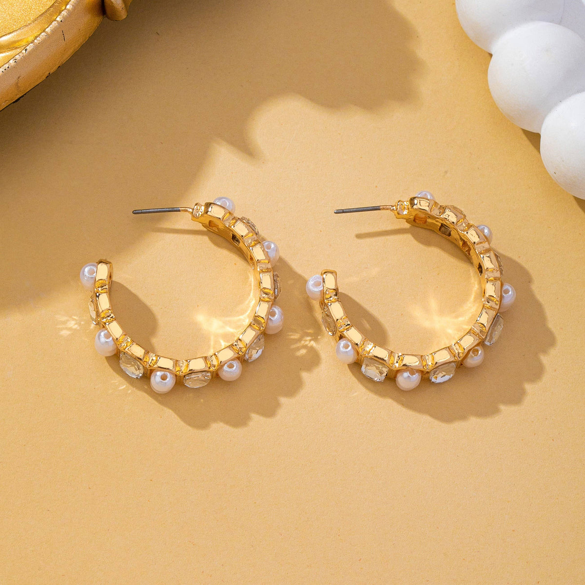Alternating Pearl and Rhinestone Hoop Earrings