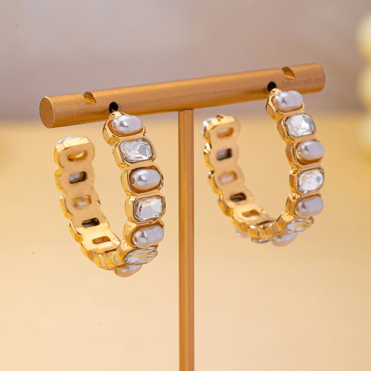 Alternating Pearl and Rhinestone Hoop Earrings