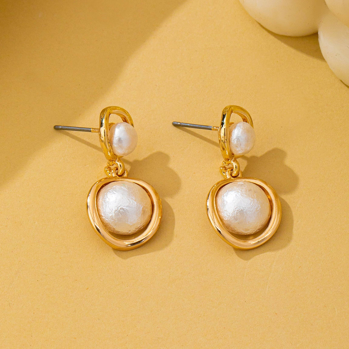 Gold Ring Freshwater Pearl Drop Earrings