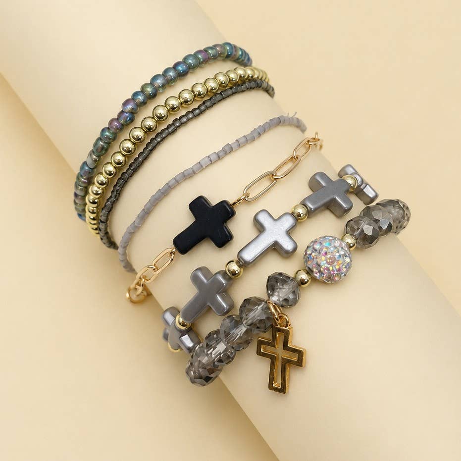Cross Charm Mixed Beaded Bracelet Set