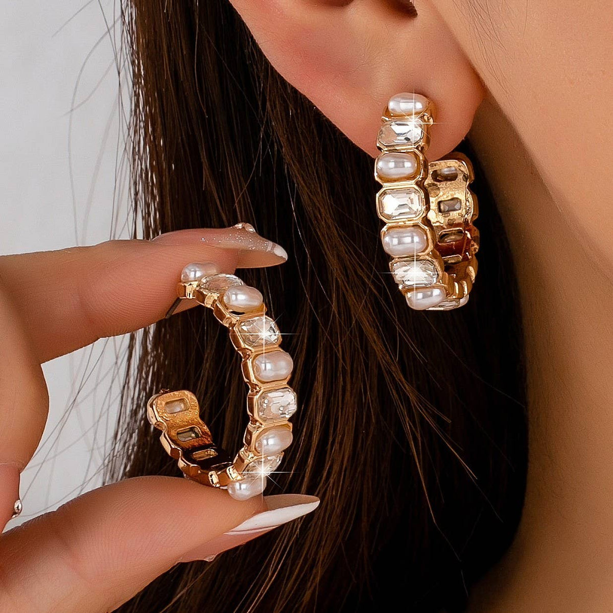 Alternating Pearl and Rhinestone Hoop Earrings