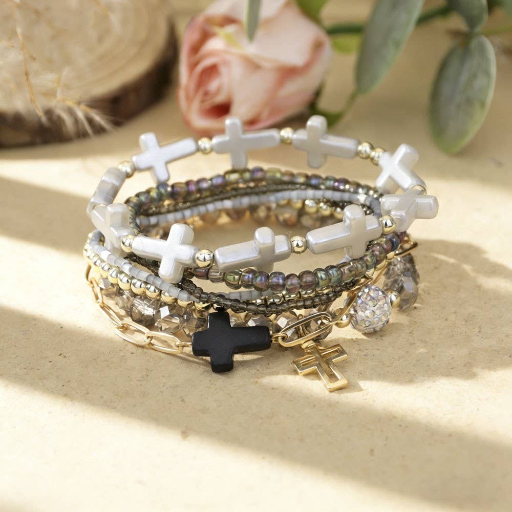 Cross Charm Mixed Beaded Bracelet Set