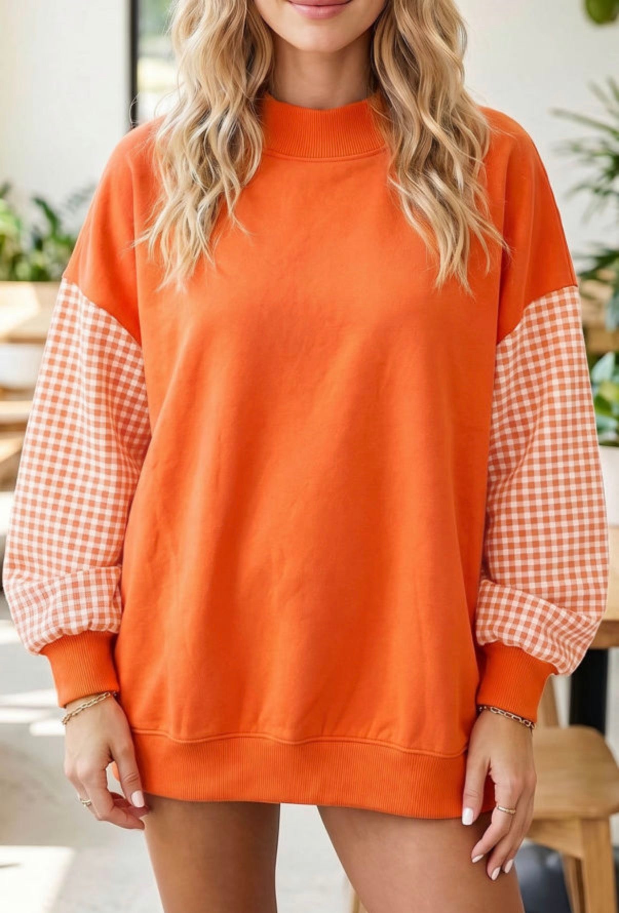 Orange Gingham Mockneck